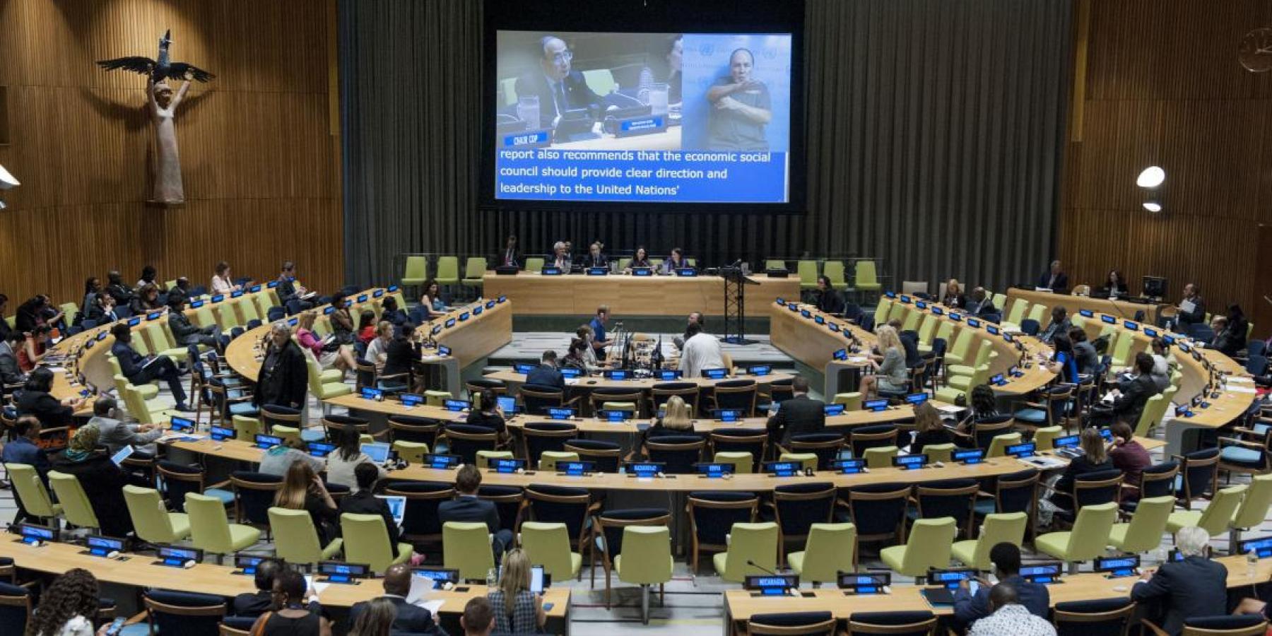 A wide view of a session of the three-day ministerial segment of the High-Level Political Forum on Sustainable Development, convened under the auspices of ECOSOC © UN Photo/Kim Haughton