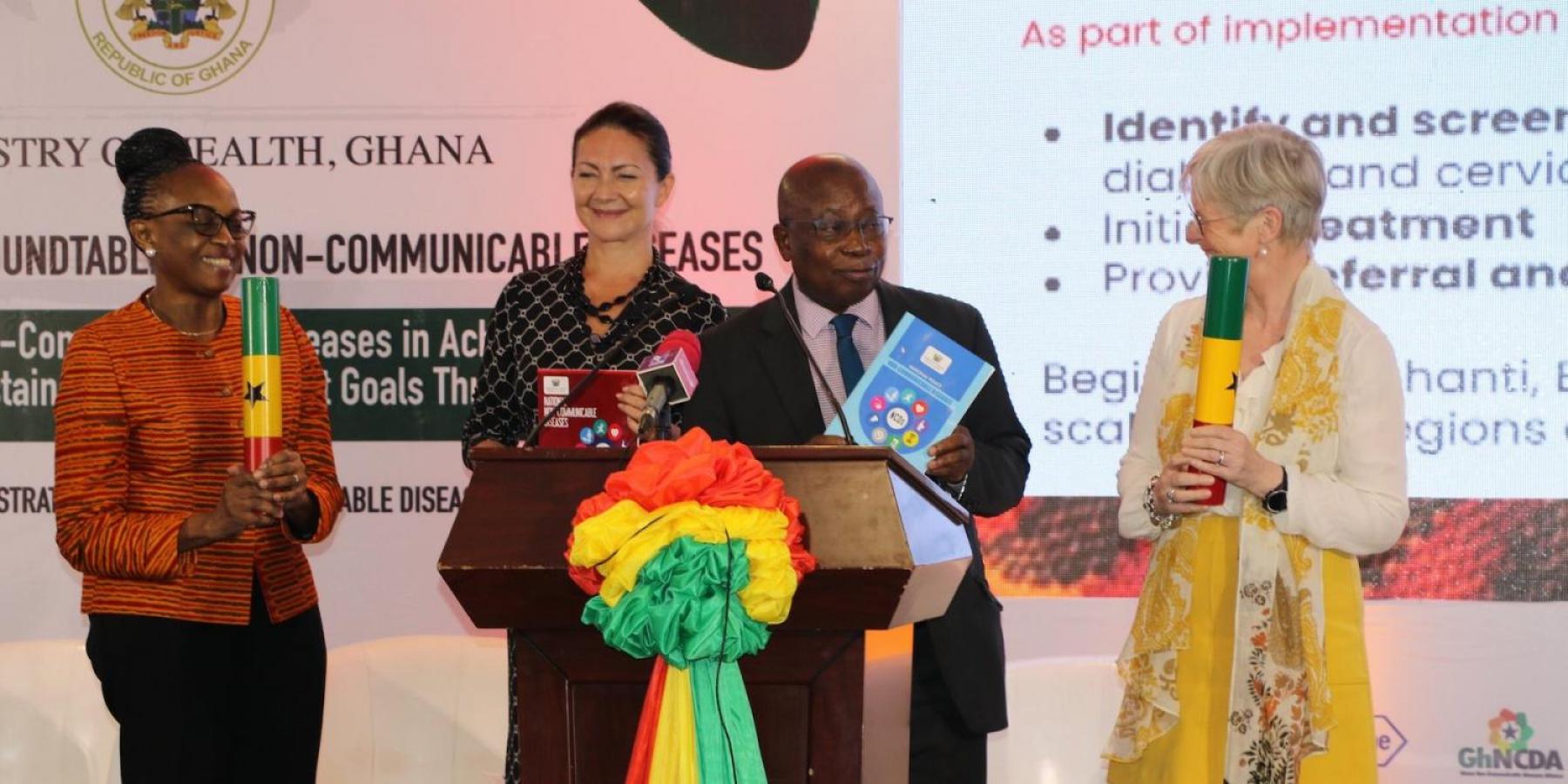 (Photo from Ghana MoH) Dr Matshidiso Moeti, WHO AFRO Regional Director; H.E. Ingrid Mollestad, Norwegian Ambassador to Ghana; Hon. Kwaku Agyeman-Manu MP, Ghanaian Minister of Health; Dr Bente Mikkelsen, NCD Director, WHO