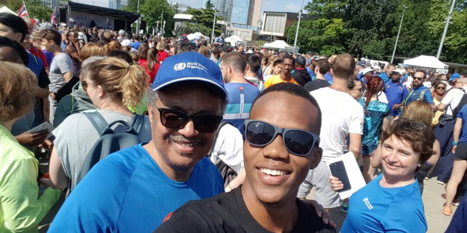 WHO Director-General, Dr Tedros (left), at the Walk the Talk event before the World Health Assembly, May 2018.