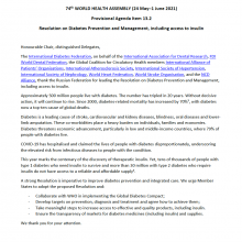 74th WHO World Health Assembly Joint Statement on Agenda Item 13.2: Resolution on Diabetes Prevention and Management, including access to insulin