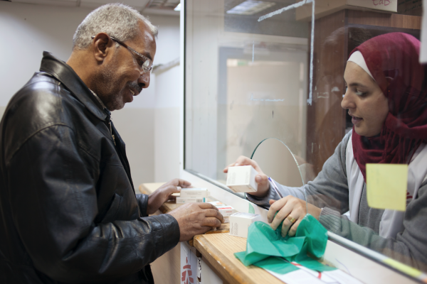 Mohamed 64 years old from Damascus at MSF Pharmacy where he will collect his medications after his consultation. © N'gadi Ikram / Courtesy of MSF