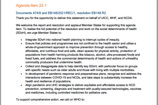 WHA74th WHO World Health Assembly Joint Statement on Agenda Item 22.1: Social Determinants of Health